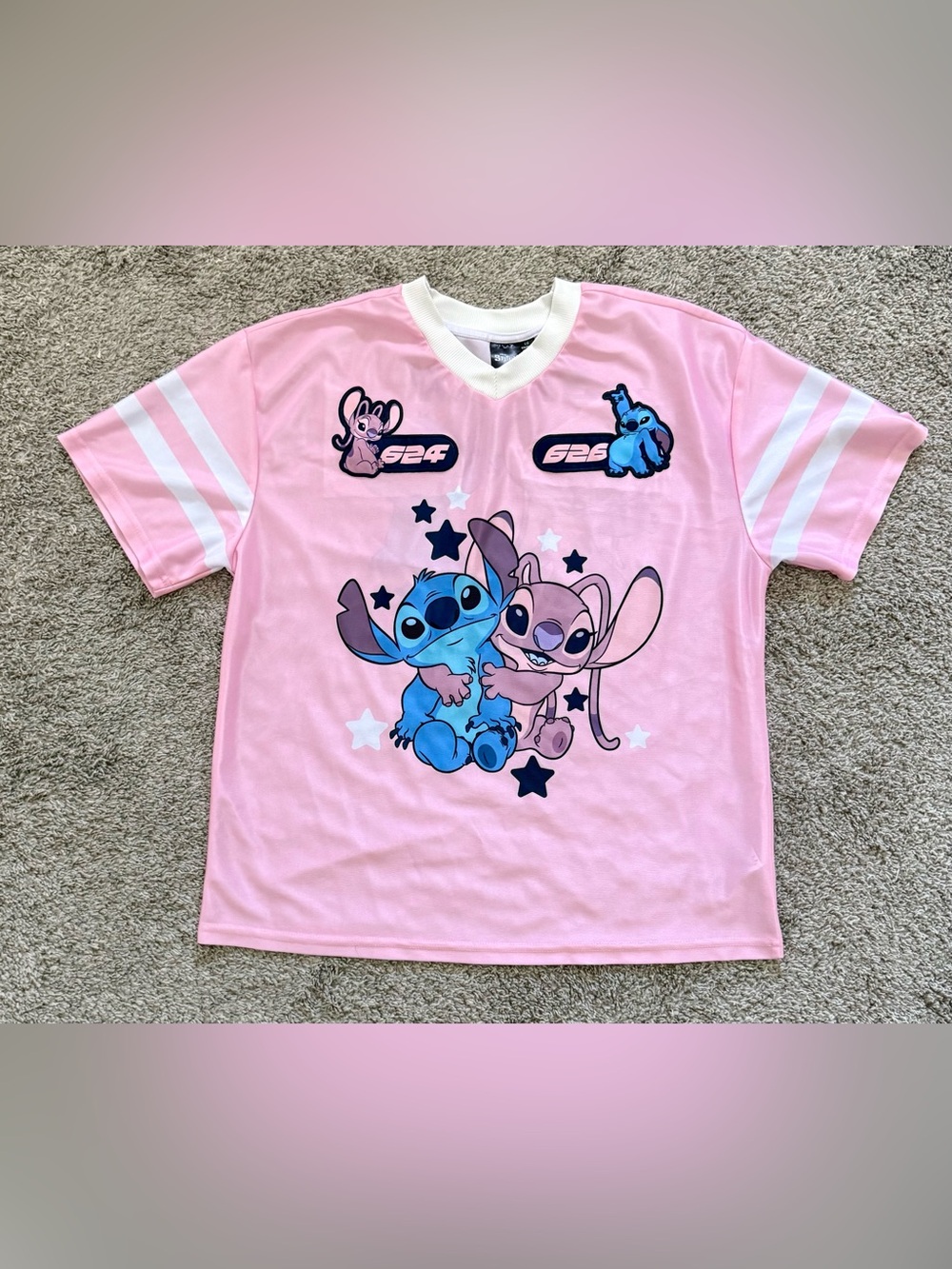 Disney Lilo and Stitch Jersey Shirt Womens Pink Stitch Angel 624 626 VNeck (L)